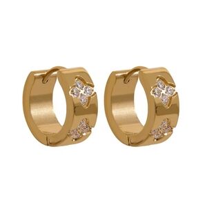New 18k Gold Ss Floral Clover Pattern Huggie Hoop Earrings